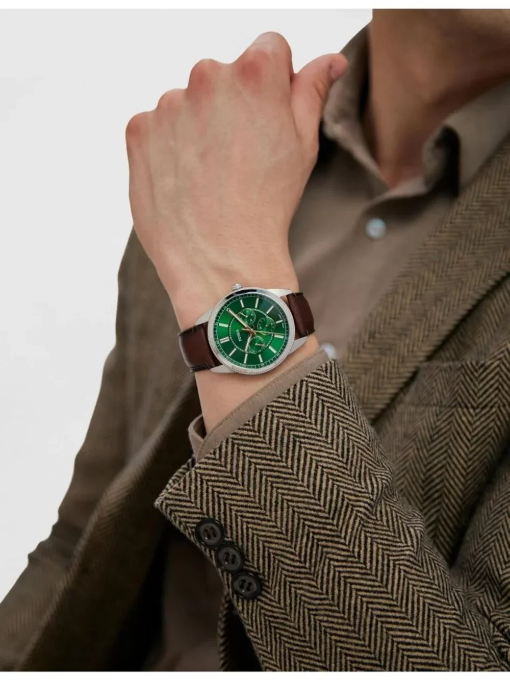 Men's Brown/Silver/Green Pearson Multifunction Leather Strap Waterproof Watch
